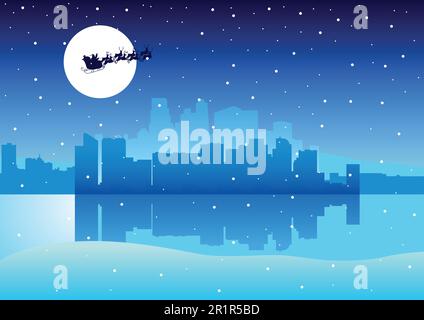 Illustration of Santa Claus flying on the cityscape during winter Stock Vector