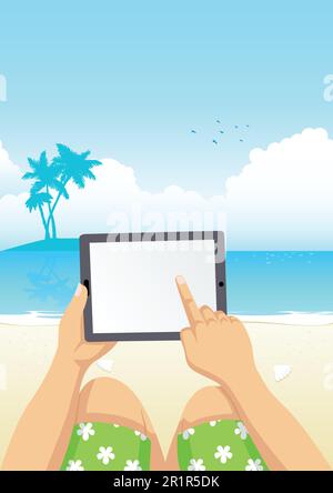 Cartoon illustration of a man using computer tablet on the beach Stock Vector