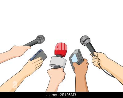 Cartoon illustration of hands holding microphones and recorders, journalism or press symbol Stock Vector