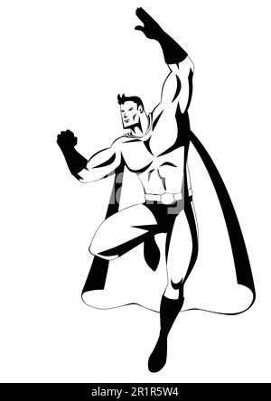 Superhero in flying pose in black and white illustration Stock Vector