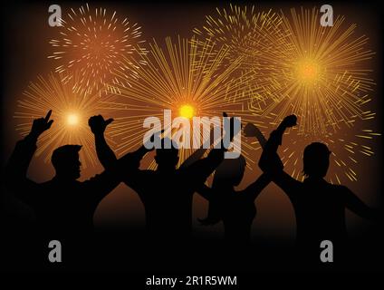 Silhouette of joyful people watching fireworks, using gradient mesh background, compatible with Adobe Illustrator CS Stock Vector