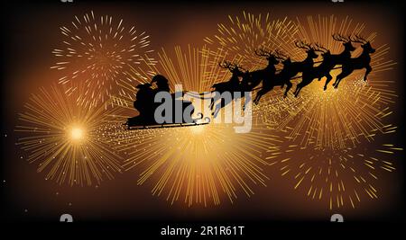 Christmas background or theme, Santa Claus flying with his sleigh against fireworks. Using gradient mesh, compatible in Adobe Illustrator CS Stock Vector