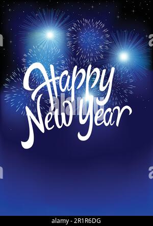 Text of Happy New Year with fireworks background, for new year theme. Gradient mesh background compatible in Adobe Illustrator CS Stock Vector