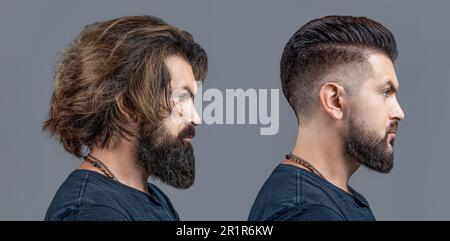 Man before and after visiting barbershop, different haircut, mustache, beard. Long beard Hair style hair stylist. Vs. Male beauty, comparison. Shaving Stock Photo