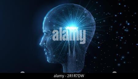 Poligonal lightbulb with face. Innovation in the digital age. Cyber robot, Ai technology Stock Vector