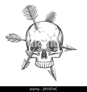 Monochrome Tattoo of Skull Pierced By Three Arrows in Engraving  style isolated on white. Vector illustration. Stock Vector