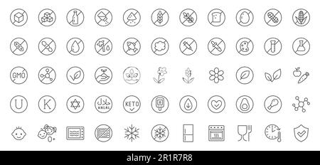 Food allergen line icons set. Product features - soy free, peanut, gluten, dairy, grain, palm, salt, vegan, chemicals, diet vector illustration Stock Vector