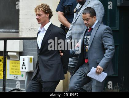 Daniel Penny surrenders to police at the 5th precinct to face manslaughter charge in chokehold death of Jordan Neely on NYC subway on May 12, 2023 in Stock Photo