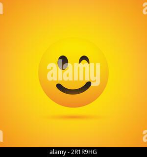 Smiling and Winking Emoji - Simple Shiny Happy Emoticon on Yellow Background Stock Vector