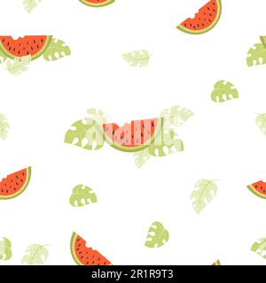 Seamless pattern with watermelons. Pieces of watermelon with tropical leaves on white background. Vector illustration in flat style . Stock Vector