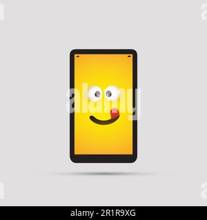 Smiling Smart Phone Emoji - Simple Happy Emoticon with Pop Out Eyes and Red Tongue on Yellow Screen Stock Vector