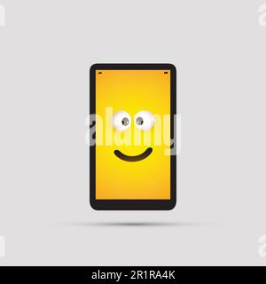 Smiling Smart Phone Emoji - Simple Happy Emoticon with Pop Out Eyes on Yellow Screen Stock Vector