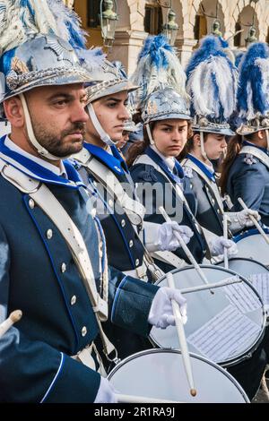 Drummers, Mantzaros marching band at procession, Holy Saturday, Holy Week, Liston promenade at Eleftherias Street, town of Corfu, Corfu Island, Greece Stock Photo