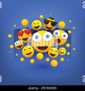 Various Smiling Happy Yellow Emoticons in Front of a Smart Television Screen Stock Vector