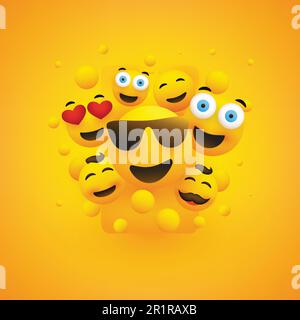 Various Smiling Happy Yellow Emoticons in Front of a Smartphone Screen Stock Vector