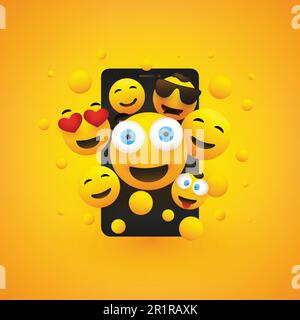 Various Smiling Happy Yellow Emoticons in Front of a Smartphone Screen Stock Vector