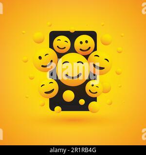 Various Smiling Happy Yellow Emoticons in Front of a Smartphone Screen, Vector Concept Design Stock Vector