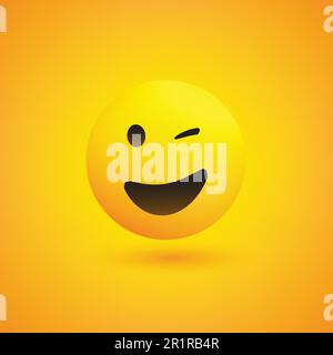 Smiling and Winking Emoji - Simple Shiny Happy Emoticon on Yellow Background - Vector Design Stock Vector