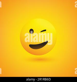Smiling and Winking Emoji - Simple Shiny Happy Emoticon on Yellow Background - Vector Design Stock Vector