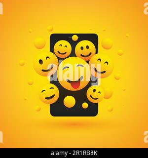 Various Smiling Happy Yellow Emoticons in Front of a Smartphone Screen, Vector Concept Design Stock Vector