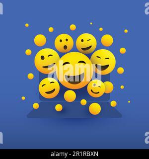 Various Smiling Happy Yellow Emoticons in Front of a Laptop Computer's Screen Stock Vector