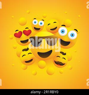 Various Smiling Happy Yellow Emoticons in Front of a Yellow Background, Vector Concept Stock Vector