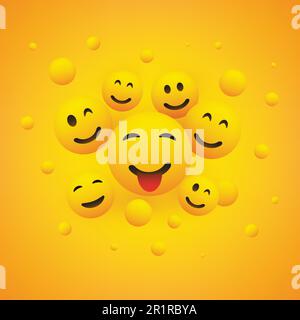 Various Smiling Happy Emoticons in Front of a Yellow Background Stock Vector