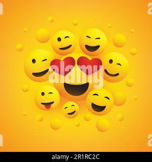 Various Smiling Happy Emoticons with Heart Shaped Eyes in Front of a Yellow Background Stock Vector