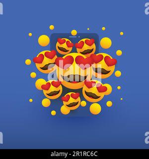 Various Smiling Happy Yellow Emoticons with Heart Shaped Eyes in Front of a Smartphone Screen Stock Vector