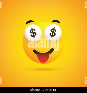 Smiling Emoji with Bitcoin Signs in the Eyes - Simple Happy Emoticon on Yellow Background - Vector Design Stock Vector
