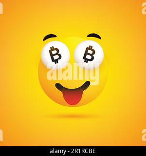Smiling Emoji with Bitcoin Signs in the Eyes - Simple Happy Emoticon on Yellow Background - Vector Design Illustration Stock Vector