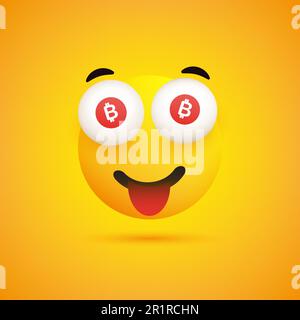 Smiling Emoji with Bitcoin Signs in the Eyes - Simple Happy Emoticon on Yellow Background - Vector Design Stock Vector