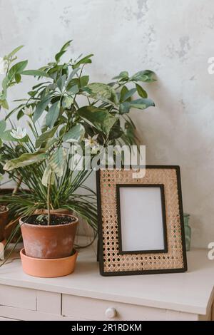 Empty picture frame on a sideboard next to houseplants Stock Photo