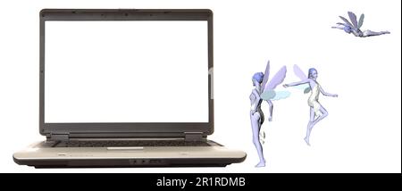 Laptop computer with 3 fairies looking on Stock Photo