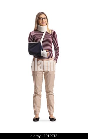 Full length portrait of an injured woman with arm sling and cervical collar isolated on white background Stock Photo