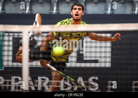 Rome, Italy. 15th May, 2023. Carlos Alcaraz of Spainin serves during his match against Fabian Marozsan of Hungary at the Internazionali BNL d'Italia tennis tournament at Foro Italico in Rome, Italy on May 15th, 2023. Credit: Insidefoto di andrea staccioli/Alamy Live News Stock Photo