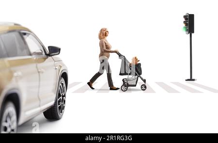 Woman crossing street with a dog in a stroller isolated on white background Stock Photo