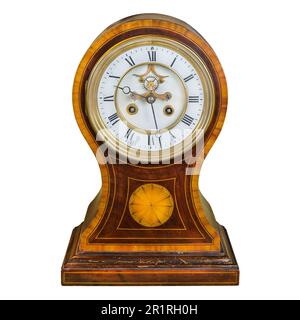 Wooden round ancient clock isolated on a white background Stock Photo