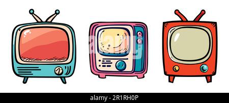 Hand drawn comic retro TV vector set isolated.  Stock Vector