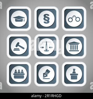 Set of icons related to the court, crime and the law. Nine different icons in vector illustration. Stock Vector