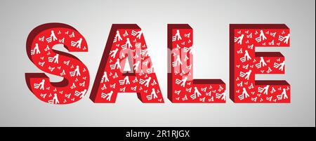 The concept of seasonal sales in the store. 3D red text sale with customers with trolleys on a bright background. Stock Vector