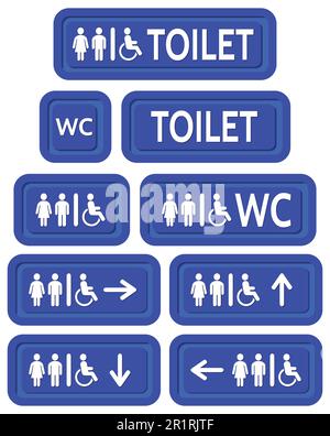 The blue signs set to the toilet. Various symbols with silhouettes of the toilet. Stock Vector