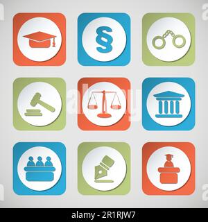 Set of icons related to the court, crime and the law. Nine different colorful icons in vector illustration. Stock Vector
