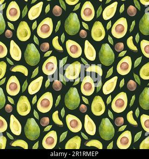 Watercolor seamless pattern with illustration of appetizing green sliced hass avocados with pit and leaves on dark background. Stock Photo