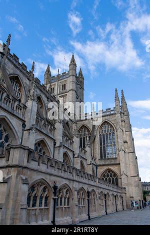 Bath, Somerset, England-August 2022; Low angle view of outside façade of medieval Bath Abbey with a Victorian Gothic interior Stock Photo