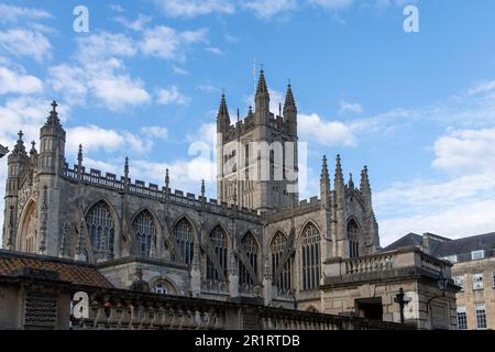 Bath, Somerset, England-August 2022; Low angle view of outside façade of medieval Bath Abbey with a Victorian Gothic interior Stock Photo