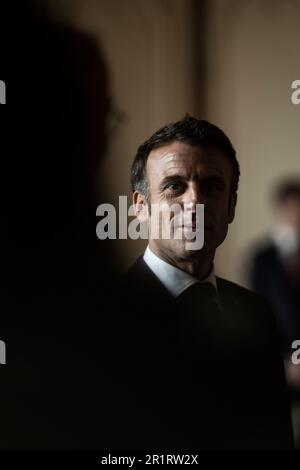 Versailles, France. 15th May, 2023. French President Emmanuel Macron during the 6th edition of the 'Choose France' Summit at the Chateau de Versailles, outside Paris on May 15, 2023. Photo by Eliot Blondet/ABACAPRESS.COM Credit: Abaca Press/Alamy Live News Stock Photo