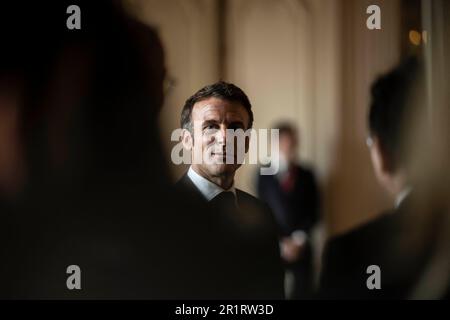 Versailles, France. 15th May, 2023. French President Emmanuel Macron during the 6th edition of the 'Choose France' Summit at the Chateau de Versailles, outside Paris on May 15, 2023. Photo by Eliot Blondet/ABACAPRESS.COM Credit: Abaca Press/Alamy Live News Stock Photo