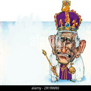 Satire style cartoon art work caricature of King Charles III, holding sceptre, orb, wearing crown and royal purple robes, King of the United Kingdom, Stock Photo