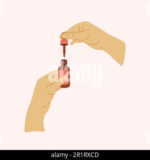 People hands doing morning routine close up vector illustration. Palms applying nourishing cream, lotion, serum flat style drawings Isolated Stock Vector